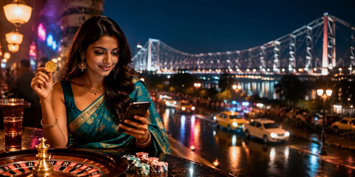 Woman playing casino card games in traditional saree setting in Kolkata
